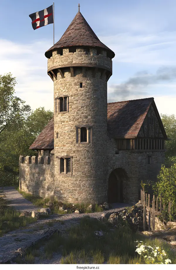 Stone Tower with a Flag and a Path in Front