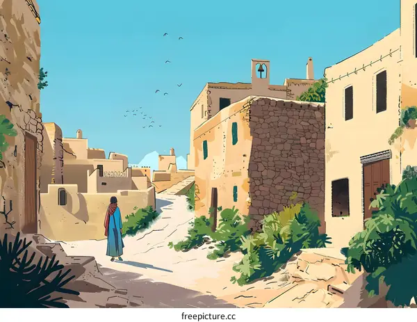 Illustration of a Person Walking Through a Desert Town