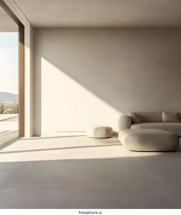 Minimalist Living Room Interior Design With Beige Sofa And Two Ottomans