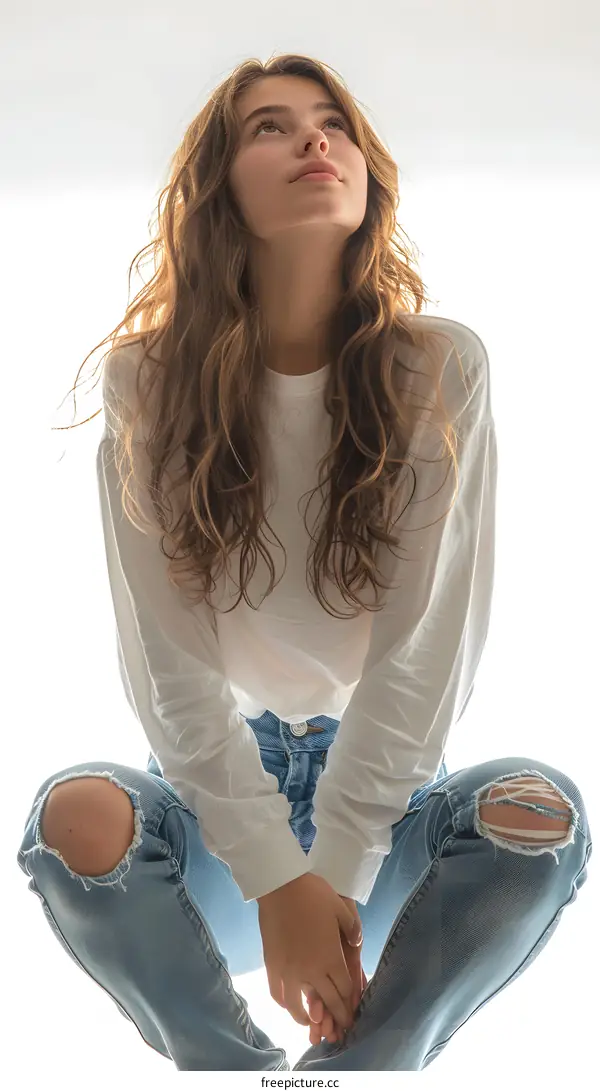 Young Woman with Long Hair Looking Up in White Shirt and Ripped Jeans