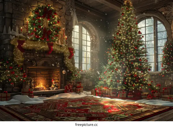 Christmas Tree in a Cozy Living Room by the Fireplace
