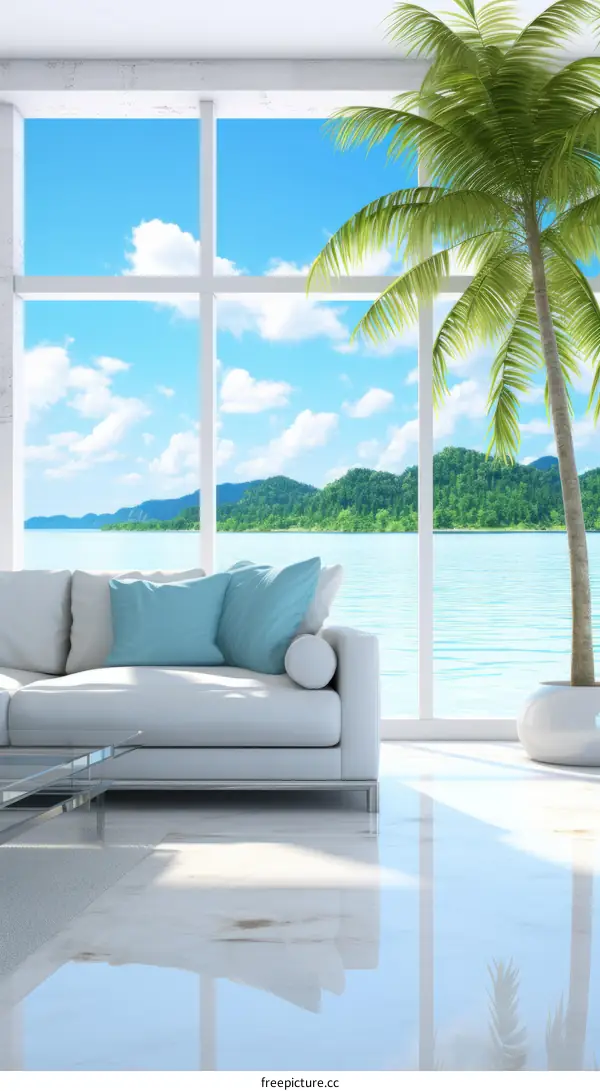 Modern Living Room with Palm Tree and Ocean View