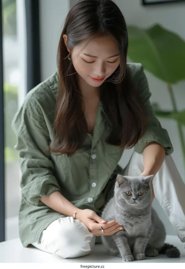 A young woman is petting a gray cat