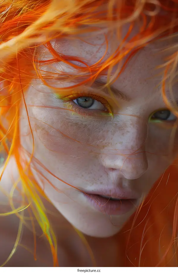 Close-up portrait of a young woman with freckles and bright orange hair