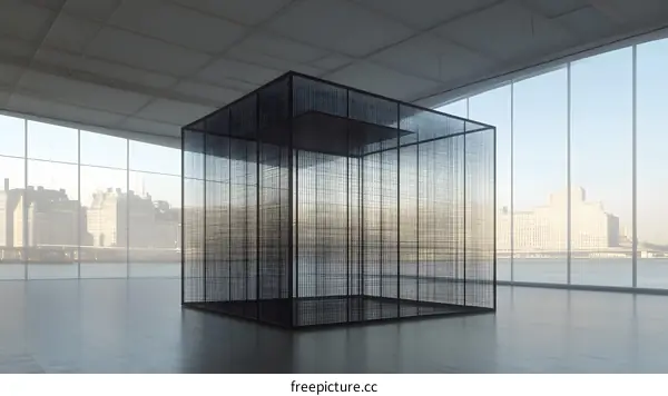 Modern Wire Cage Structure in Empty Gallery with City View