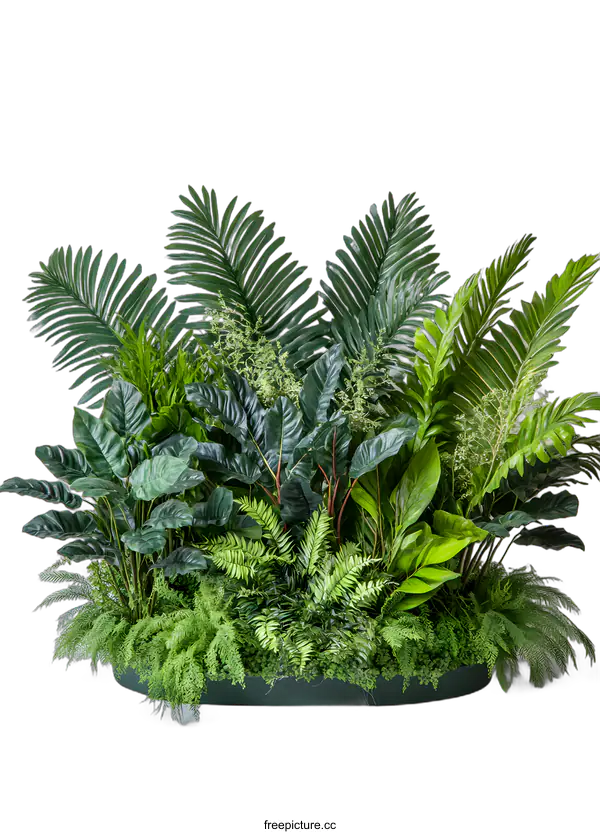 [Transparent Background PNG]Green Tropical Plants in a Green Pot Against a White Wall