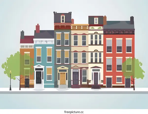 Row of Colorful Townhouses with Trees on a Sidewalk