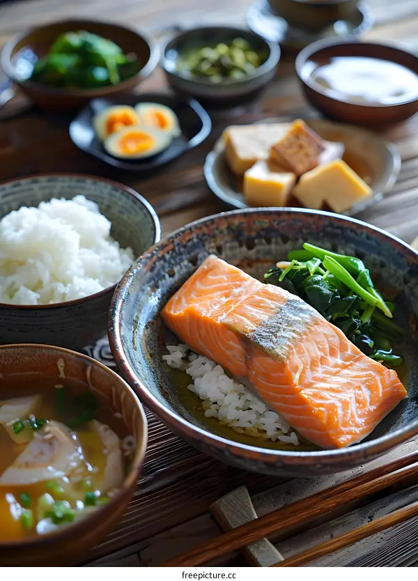 Close Up of Salmon with Rice and Green Vegetables in a Bowl