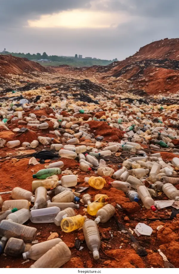 City Skyline Behind a Mountain of Plastic Bottles