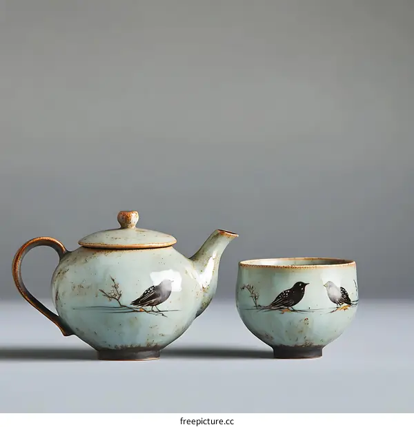 Ceramic Teapot and Cup Set with Bird Design