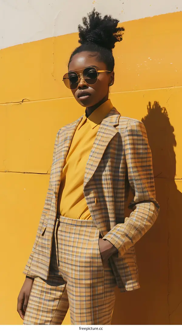 Fashionable Woman in Yellow Plaid Suit Wearing Sunglasses