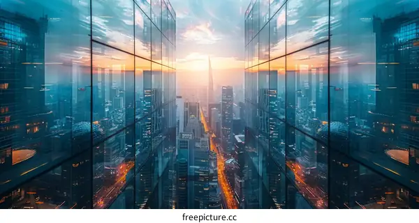 City Skyline with Glass and Metal Skyscrapers Reflecting Vibrant Sunset