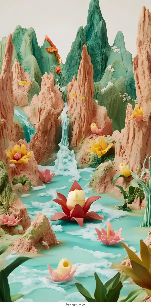 Paper Craft Mountains and Waterfalls With Flowers