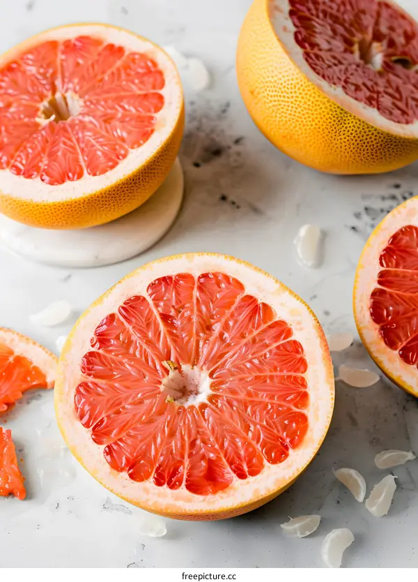 Freshly Cut Grapefruits On A White Surface