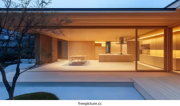 Modern Wooden House with Glass Doors and a Patio