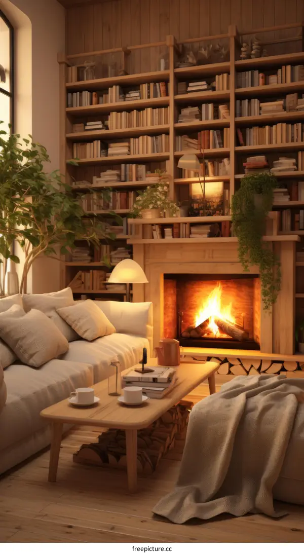 Cozy living room interior with fireplace, sofa and bookshelves