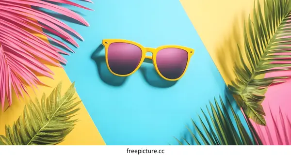 Summer Sunglasses with Palm Leaves on Colorful Background