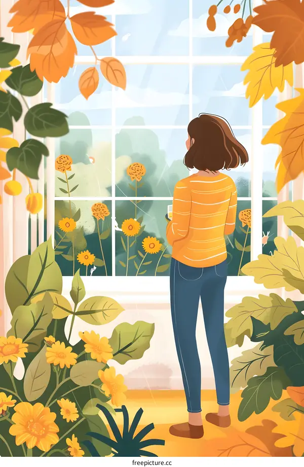 Woman Looking Out Window with Flowers and Leaves