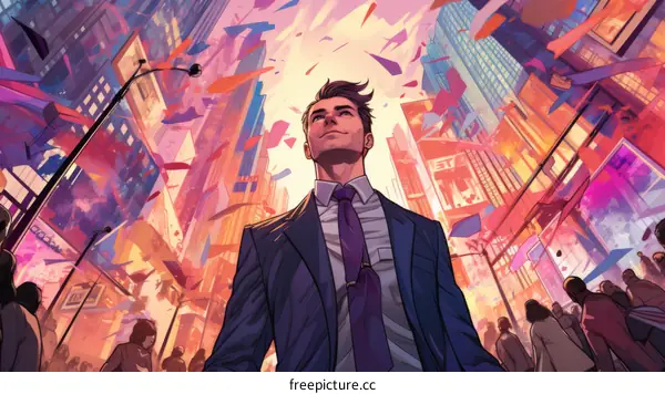 Ambitious Businessman Gazing Up at City's High-Rises