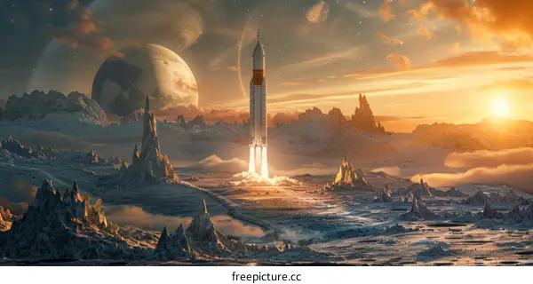 Rocket launch into space from an alien planet
