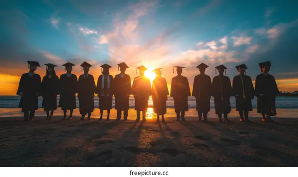 Diverse Graduates Celebrating Academic Achievement on Beach at Sunset