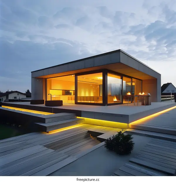 Modern House with Concrete Patio and Yellow Lights