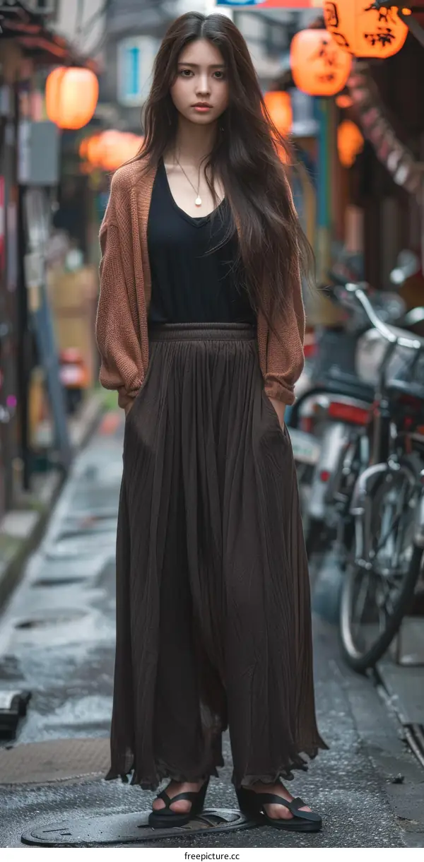 A young woman standing in a street with her hands in her pockets
