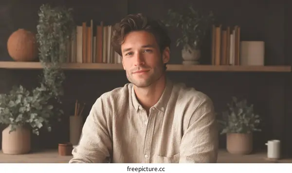 Portrait of a Relaxed Caucasian Man in a Neutral-Colored Shirt