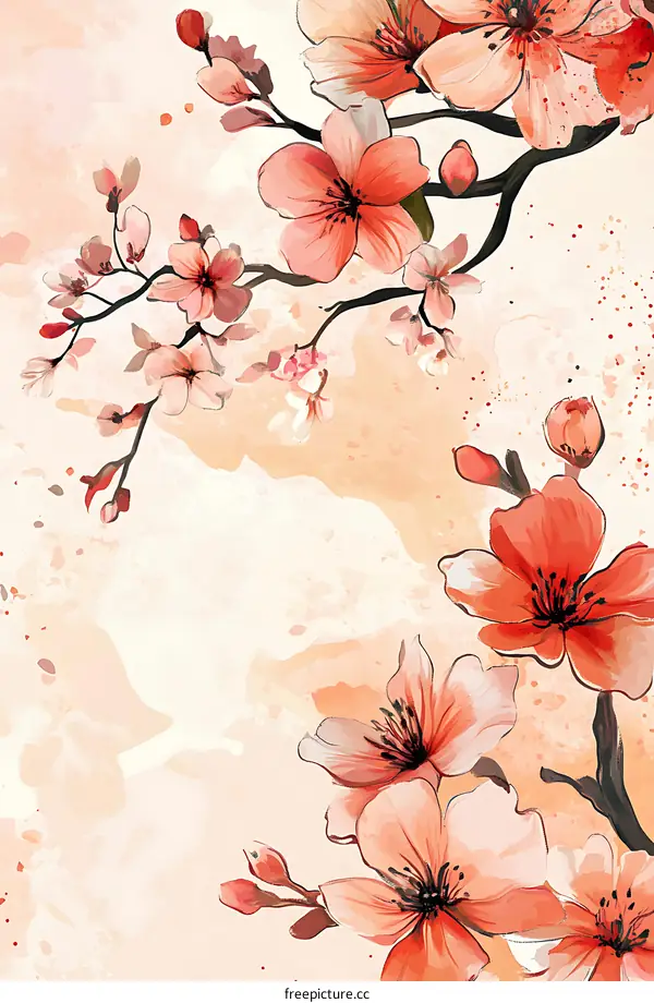 Watercolor Painting of Pink Sakura Flowers on a Branch