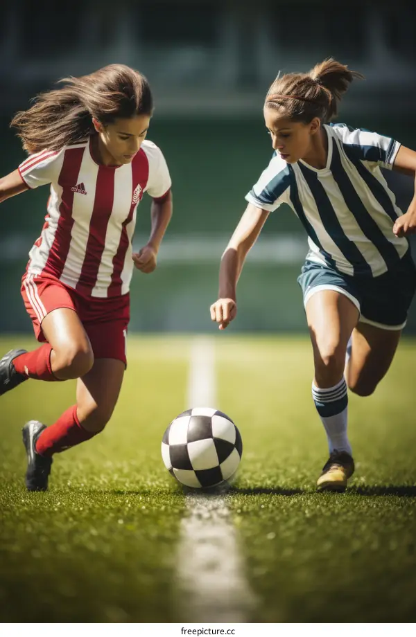 Two female soccer players competing for the ball during a match