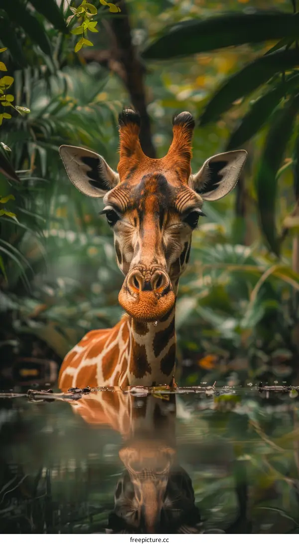 A giraffe standing in a river and drinking water
