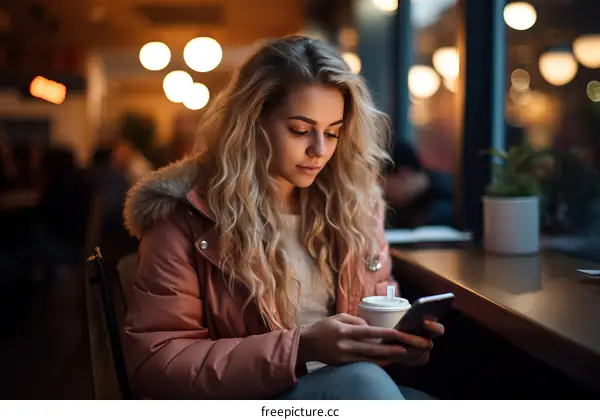 Young woman sitting in a cafe looking at her phone