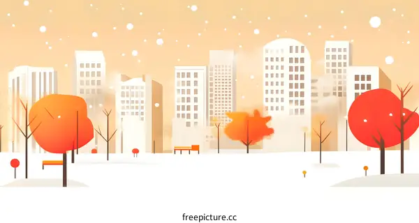 Winter Cityscape with Orange Trees and Snow