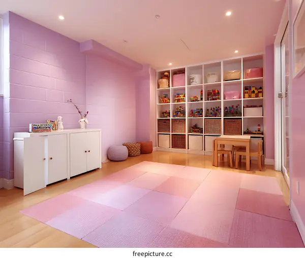 Pink Playroom with Built-in Storage and Area Rug
