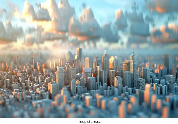 Cityscape with skyscrapers and clouds at sunset