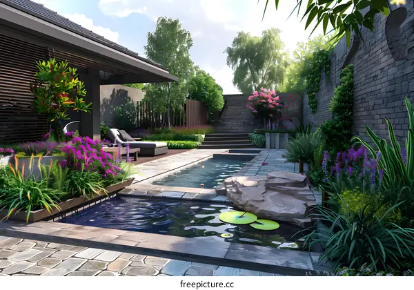 A garden with a swimming pool