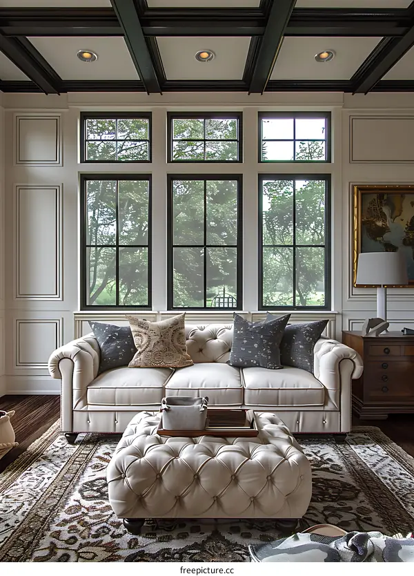 Elegant living room with large windows and a tufted ottoman
