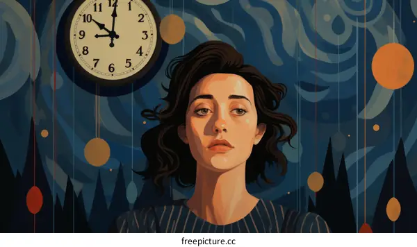 A woman looking at a clock with a starry background