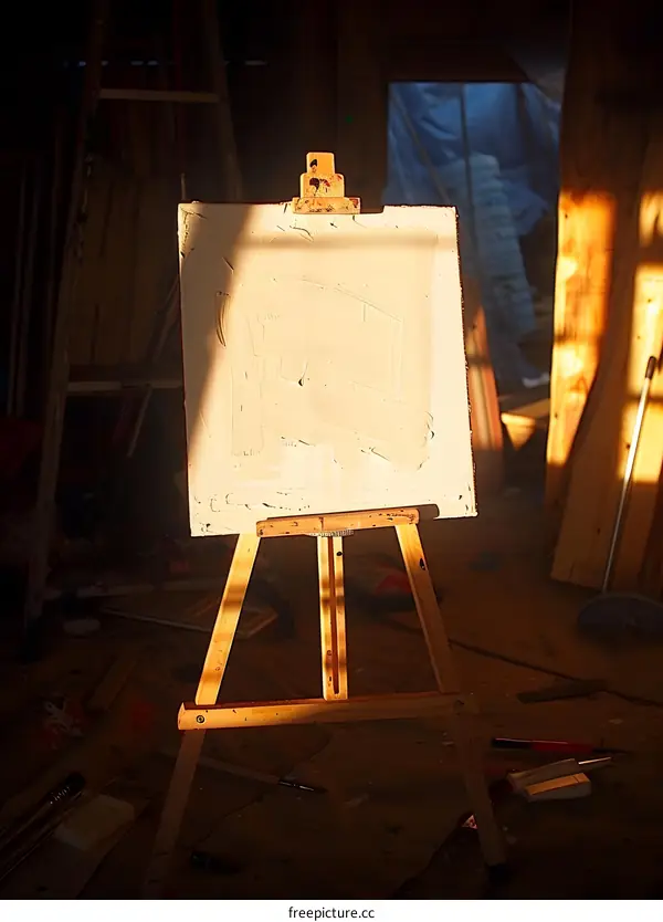 Empty Canvas on Easel in Art Studio with Sunlight