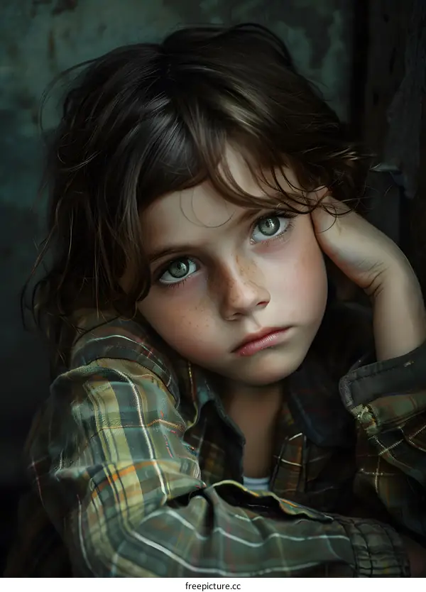 Portrait of a pensive young girl with freckles and green eyes