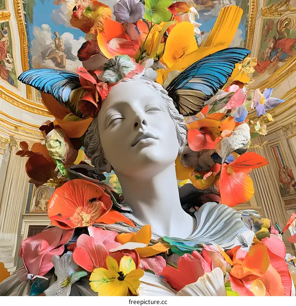 Bust of a Woman Decorated With Flowers and Butterflies