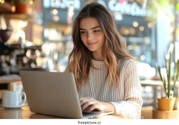 Young Woman Working on Laptop in Cafe