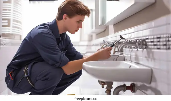 Young plumber fixing a faucet in a bathroom