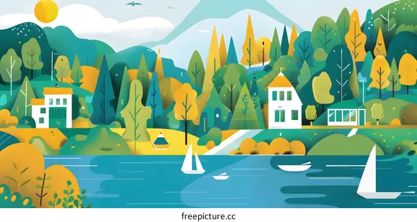 Summer Landscape with Houses, Trees, Lake and Sailboats