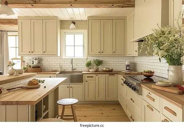 Farmhouse Kitchen With White Cabinets and Butcher Block Countertops