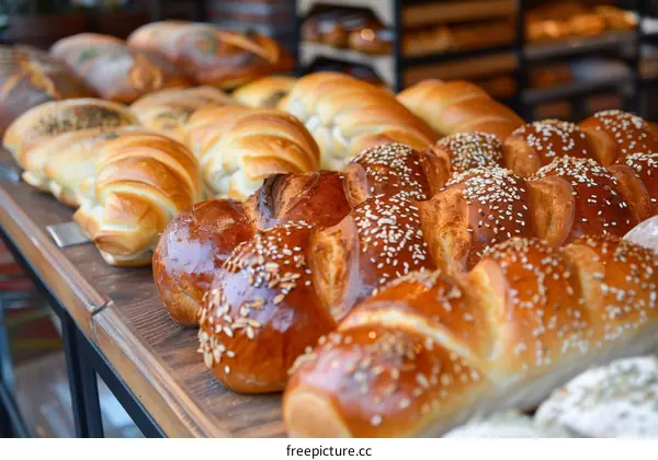 Freshly baked bread and rolls on shelves in bakery