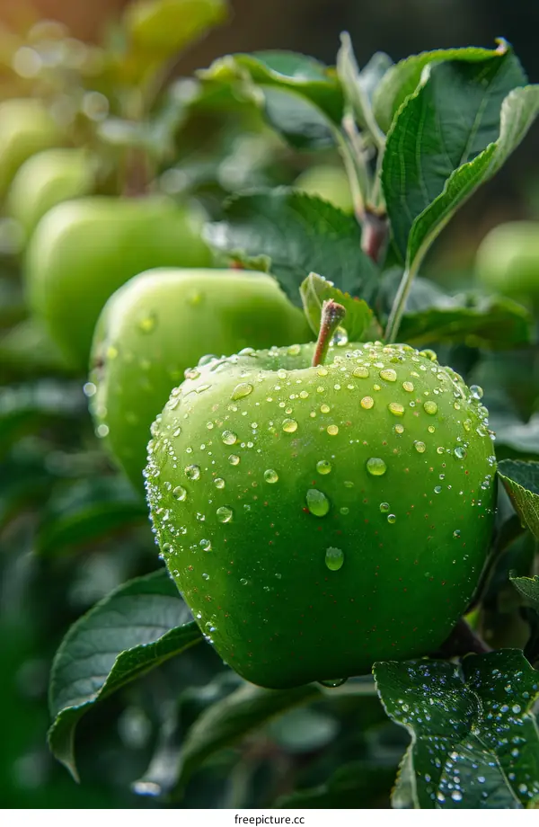 A close-up image of a granny smith apple with water droplets on its skin