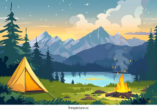 Camping at Night with Mountains, Lake and Fire