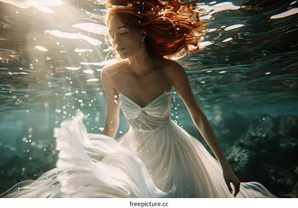 Redhead woman in white dress swimming in deep water