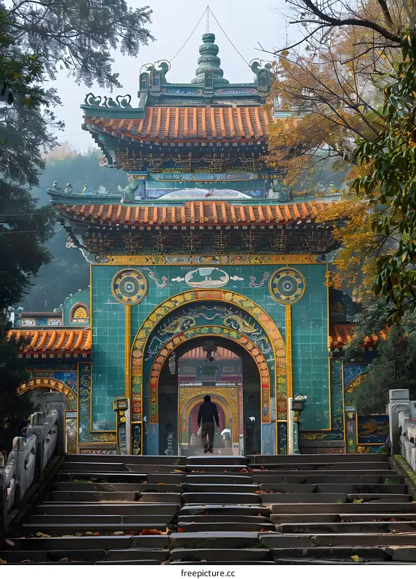 A person walking up the stairs to the ornate gate of a Chinese temple